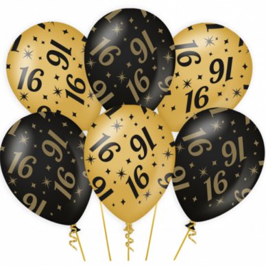 Luftballons, mit Zahl 16, schwarz/gold