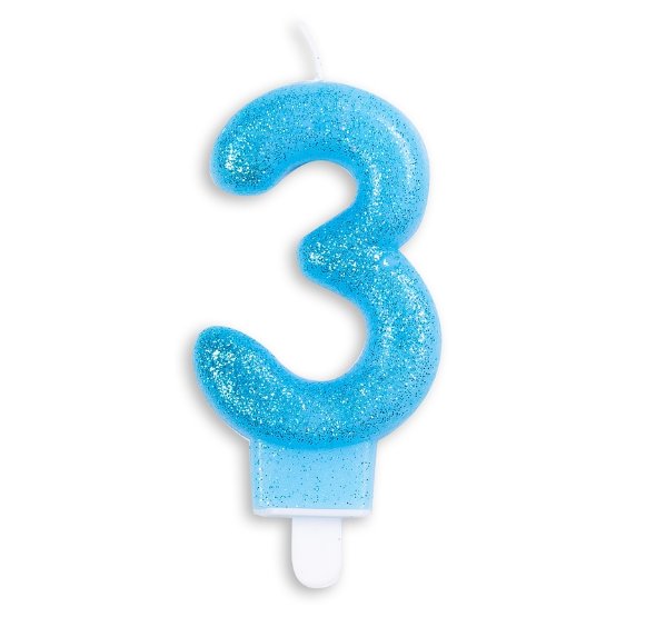 Kerze 3 Jahr Blau Glitter, 7cm