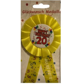 Anstecker / Brosche Happy Birthday 20, gelb